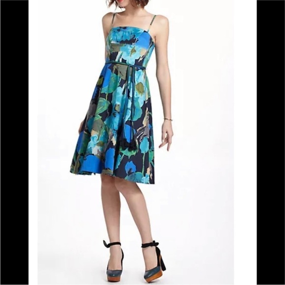 Anthropologie Vanessa Virginia Blue Watercolor Floral Print 50s Midi Dress sz 14 - Picture 16 of 16